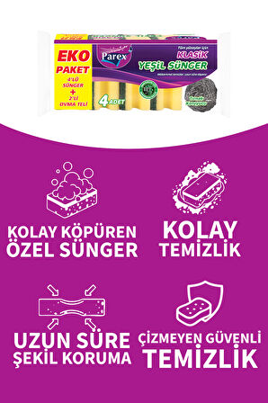 Klasik Yeşil Sünger Oluklu 4'lü + 2’li Ovma Teli