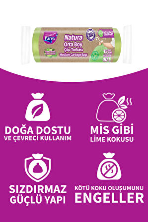 Natura Büzgülü Çöp Torbası Orta Boy 15'li 55 x 60 cm