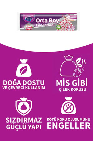 Parex çöp torbası büzgülü orta 15'li çilek kokulu 55X60cm