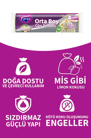 Parex çöp torbası büzgülü orta 15'li limon kokulu 55X60cm