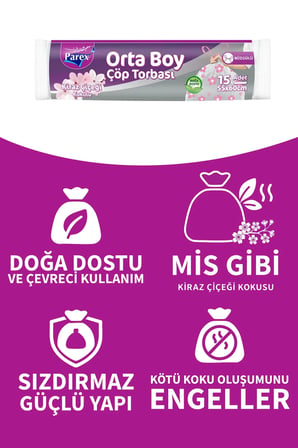 Premium Büzgülü Çöp Torbası Kiraz Çiçeği Kokulu Orta Boy 15'li 55 x 60 cm
