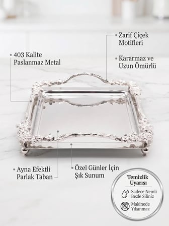 Sora Kare Aynalı Söz Nişan ve Kız İsteme Tepsisi - Gümüş Renk Çiçek Motifli Sunum Tepsisi