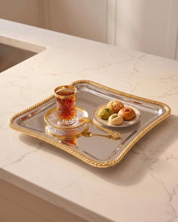 Mina Söz Nişan ve Kahve Sunum Tepsisi Gold İtalyan Burgu Çerçeveli Ayna Tabanlı Çeyizlik Tepsi