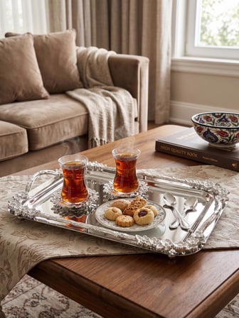 Mila Dikdörtgen Aynalı Kulplu Gümüş Söz Nişan ve Kız İsteme Tepsisi Çeyizlik Lüks Sunum 33x18 cm