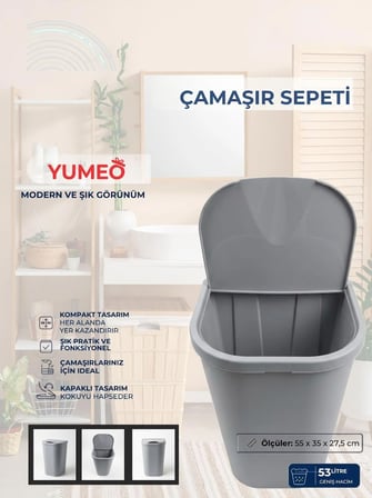 Yumeo Slim 53 Litre Kapaklı Çamaşır Sepeti Dar Alanlara Uygun Plastik Kirli Sepeti Gri