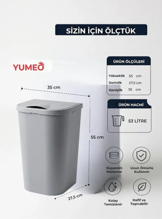 Yumeo Slim 53 Litre Kapaklı Çamaşır Sepeti Dar Alanlara Uygun Plastik Kirli Sepeti Gri