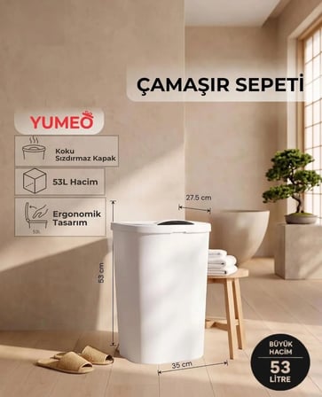 Slim 53 Litre Kapaklı Çamaşır Sepeti Dar Alanlara Uygun Plastik Kirli Sepeti Beyaz
