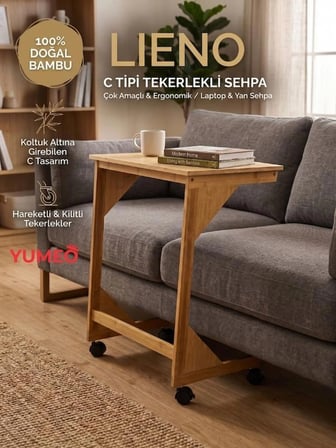 Lieno Doğal Bambu Tekerlekli C Sehpa - Demonte Koltuk Yanı Laptop ve Servis Sehpası