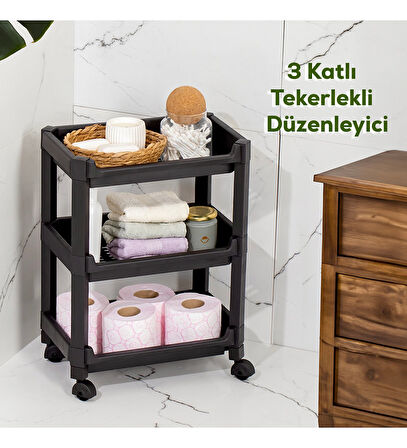 Porsima RAFTY-73-ECO-1 Tekerlekli 3 Katlı Düzenleyici - 35,5 x 22 x 48 cm Hareketli Geniş Raf - Siyah