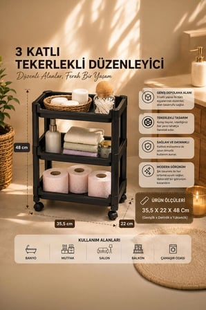 Porsima RAFTY-73-ECO-1 Tekerlekli 3 Katlı Düzenleyici - 35,5 x 22 x 48 cm Hareketli Geniş Raf - Siyah