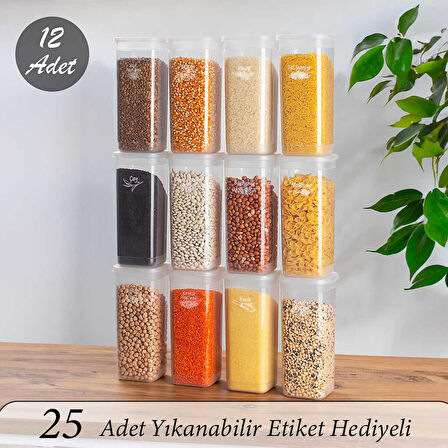 Porsima 432 12 li Etiketli Kare Un Erzak Bakliyat Saklama Kabı Takımı 1.90 lt - Şeffaf