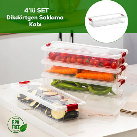 Porsima 455-4 4lü Kilitli Kapaklı Yiyecek Erzak Saklama Kabı Seti - Buzdolabı Düzenleyici Organizeri 2,3lt