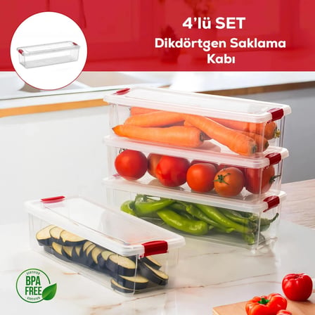 Porsima 456-4 4 lü Kilitli Kapaklı Yiyecek Erzak Saklama Kabı Seti - Buzdolabı Düzenleyici Organizeri 3,4 lt