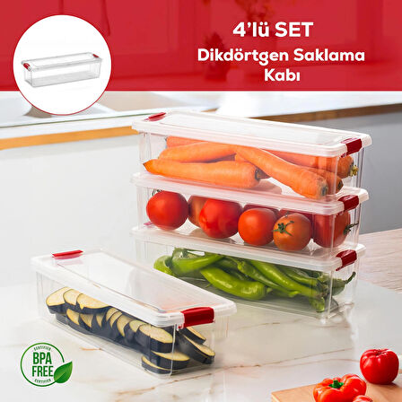 Porsima 456-4 4 lü Kilitli Kapaklı Yiyecek Erzak Saklama Kabı Seti - Buzdolabı Düzenleyici Organizeri 3,4 lt