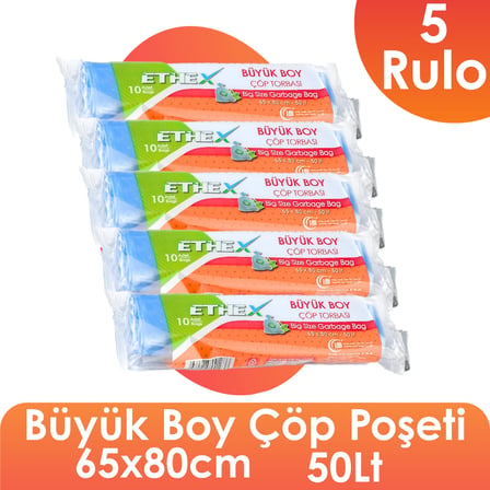 Standart Büyük Boy Çöp Torbası (10 Adet 65 x 80cm 50lt MAVİ 5 Rulo)