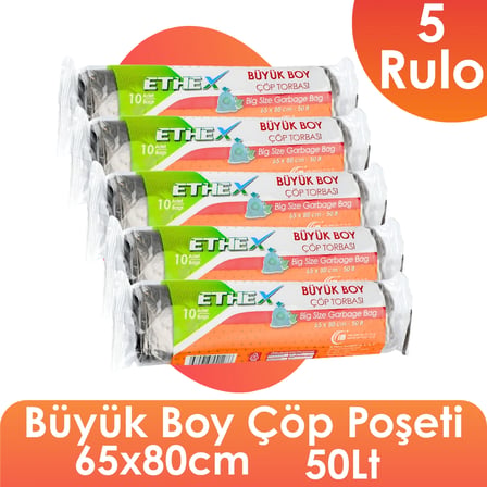 Standart Büyük Boy Çöp Torbası (10 Adet 65 x 80cm  50lt SİYAH 5 Rulo)
