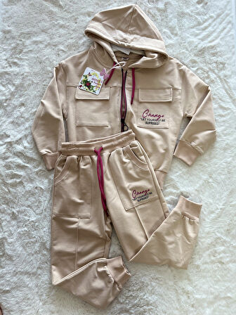 Pembe Fermuarlu Kapşonlu İkili Takım