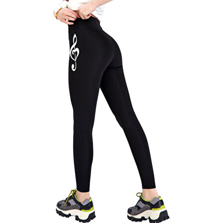 Kadın Yüksek Bel Tayt Nota Desenli Siyah