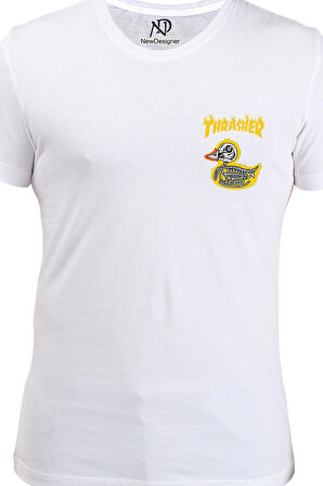 Erkek Bisiklet Yaka Beyaz Tshirt Trasher Ördek