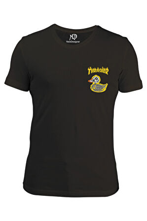 Erkek Bisiklet Yaka Beyaz Tshirt Trasher Ördek