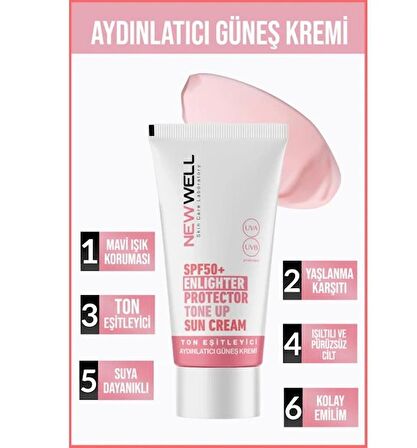 Newwell Ton Eşitleyici yüksek Koruma Etkili SPF50+ Aydınlatıcı Pembe Yüz Güneş Kremi 50 ml