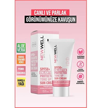 Newwell Ton Eşitleyici yüksek Koruma Etkili SPF50+ Aydınlatıcı Pembe Yüz Güneş Kremi 50 ml