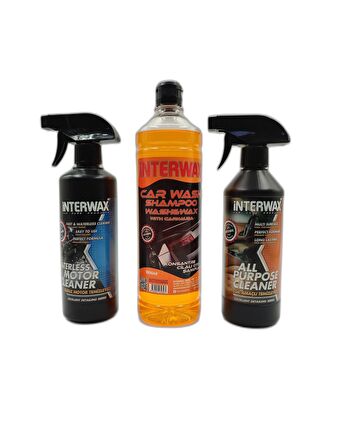 İNTERWAX 3'lü SET SUSUZ MOTOR TEMİZLEYİCİ 500 ML + ÇOK AMAÇLI DÖŞEME TEMİZLEYİCİ 500 ML + CİLALI OTO ŞAMPUANI 1000 ML.