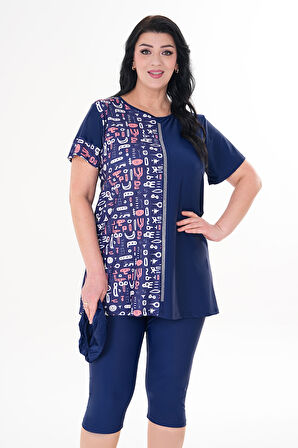 Büyük Beden Kısa Kol Yarı Kapalı Tesettür Mayo 2518 Çiçekli Lacivert | 3XL