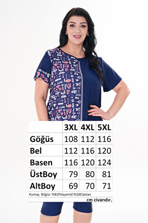 Büyük Beden Kısa Kol Yarı Kapalı Tesettür Mayo 2518 Çiçekli Lacivert | 3XL