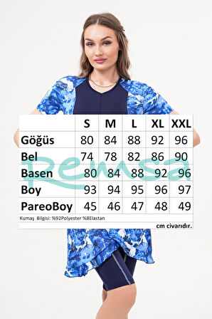 2'li Pareolu Kısa Kollu Uzun Şortlu Fermuarlı Sörfçü Yüzücü Tulum Mayo 2517 Esma Mavi | XL