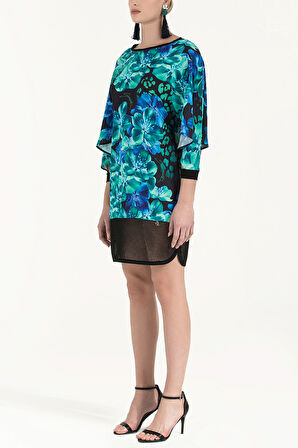 Egzotik Çiçekler File kumaş mixli baskılı mini elbise 91436 | 44