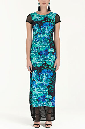 Egzotik Çiçekler File kumaş mixli desenli uzun elbise 91435 | 44