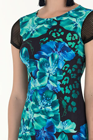 Egzotik Çiçekler File kumaş mixli desenli uzun elbise 91435 | 44