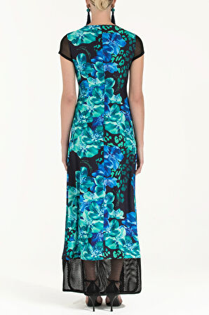 Egzotik Çiçekler File kumaş mixli desenli uzun elbise 91435 | 44