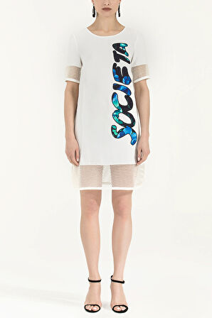 Beyaz File kumaş mixli mini elbise 91434 | 42