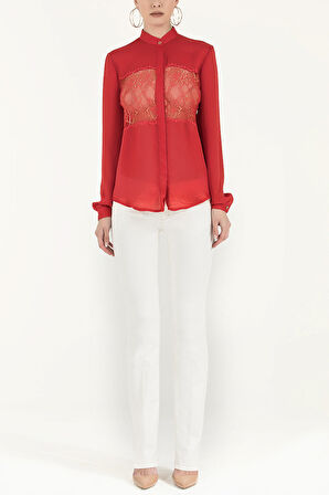 Kırmızı Dantelli bol kesim saten gömlek 10606 | 42