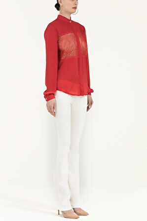 Kırmızı Dantelli bol kesim saten gömlek 10606 | 44