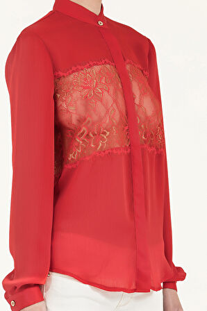 Kırmızı Dantelli bol kesim saten gömlek 10606 | 44