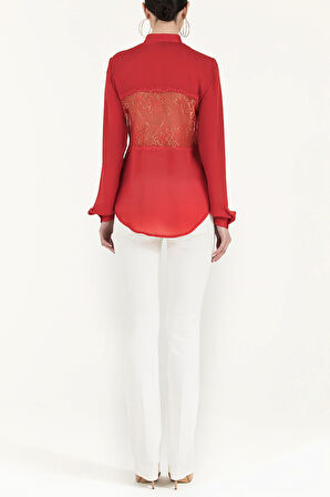 Kırmızı Dantelli bol kesim saten gömlek 10606 | 44