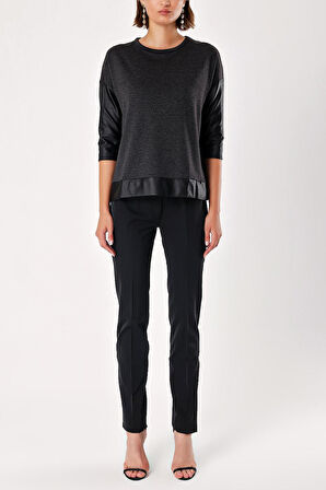 Gri Deri garnili  bol kesim bluz 19256 | 42