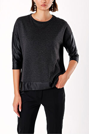 Gri Deri garnili  bol kesim bluz 19256 | 42