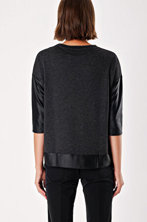 Gri Deri garnili  bol kesim bluz 19256 | 42