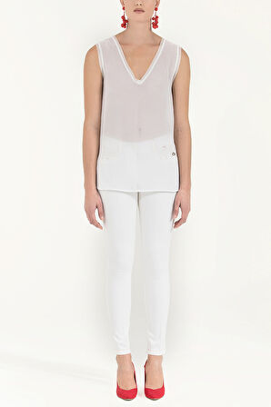 Beyaz Triko Bantlı Şifon Bluz  19333 | 44