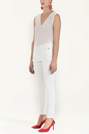 Beyaz Triko Bantlı Şifon Bluz  19333 | 44