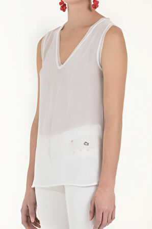 Beyaz Triko Bantlı Şifon Bluz  19333 | 44