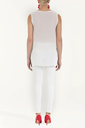 Beyaz Triko Bantlı Şifon Bluz  19333 | 44