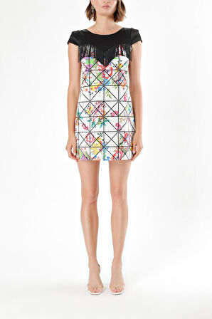 Çiçekler Ve Geometrik PÜSKÜL DETAYLI DESENLİ ELBİSE  91568 | 44