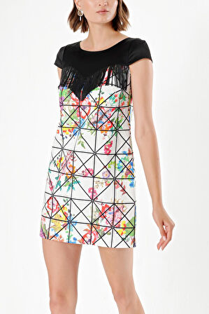 Çiçekler Ve Geometrik PÜSKÜL DETAYLI DESENLİ ELBİSE  91568 | 44