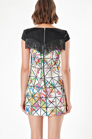 Çiçekler Ve Geometrik PÜSKÜL DETAYLI DESENLİ ELBİSE  91568 | 44