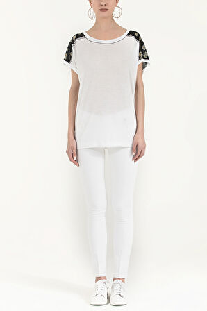 Ekru Baskılı bol kesim örme bluz 19371 | 42